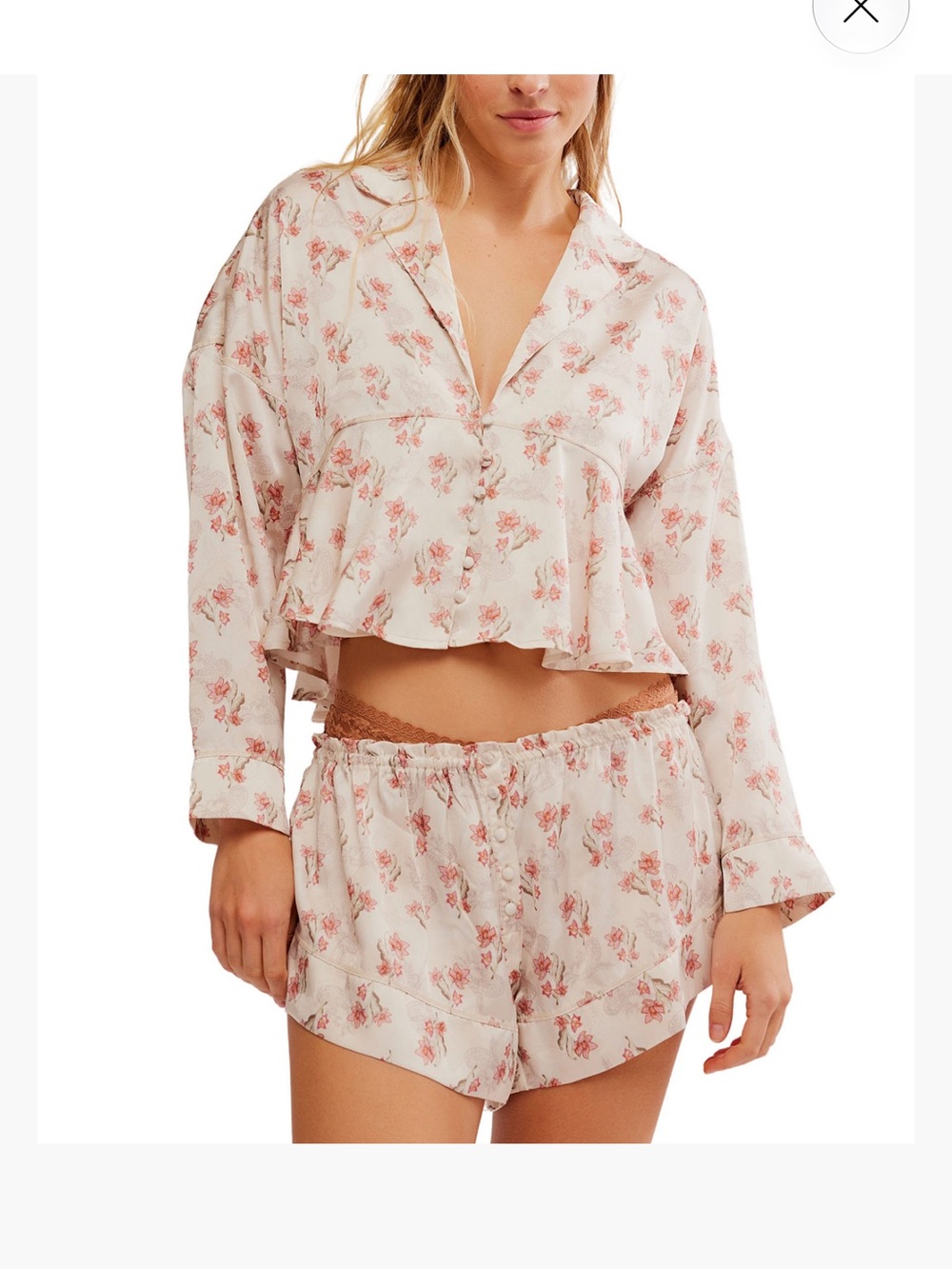 Free People Cream Satin Floral Pajama Blouse and shorts set with Pink Rose Print
